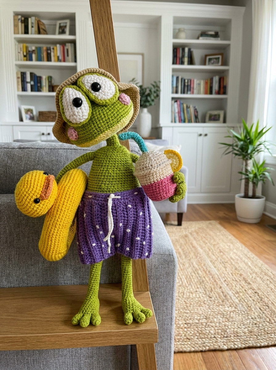 Pine Hollow Crochet Amigurumi Frog with sun hat, duck float and lemonade styled in a cozy living room