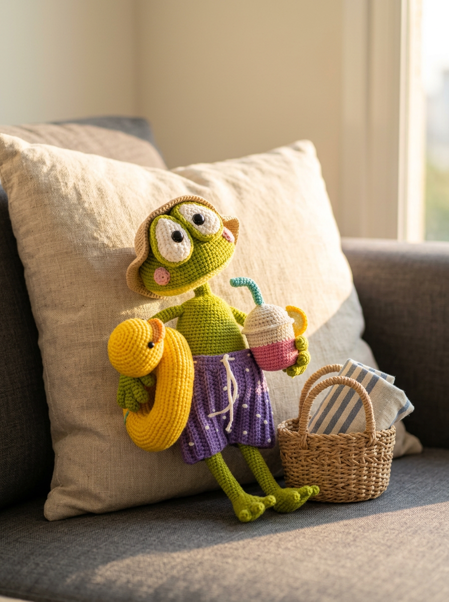 Pine Hollow Crochet Amigurumi Frog lounging on a grey sofa with a beach basket