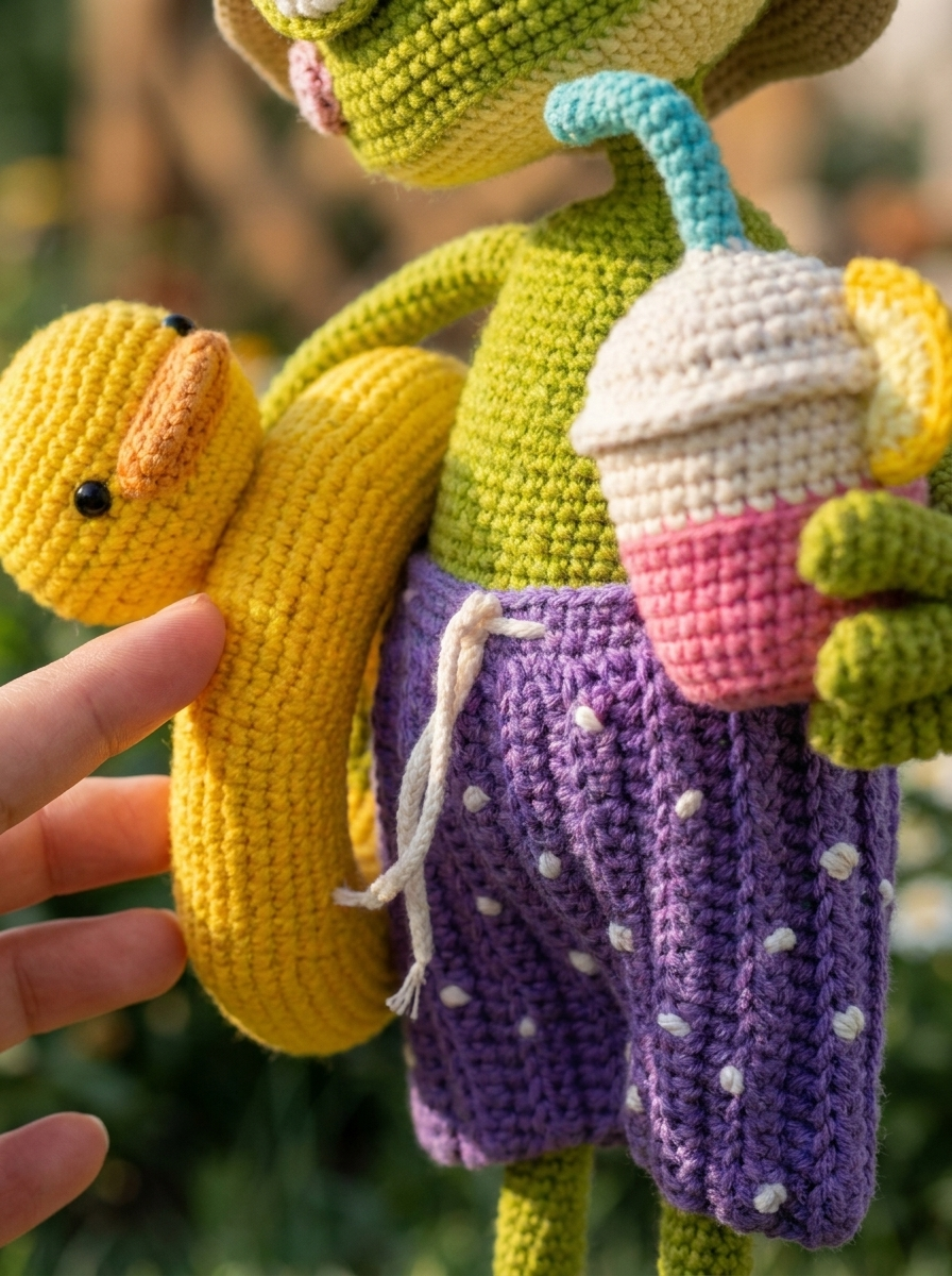 Close-up of the Pine Hollow Crochet Amigurumi Frog's duck float and polka-dot shorts stitch texture
