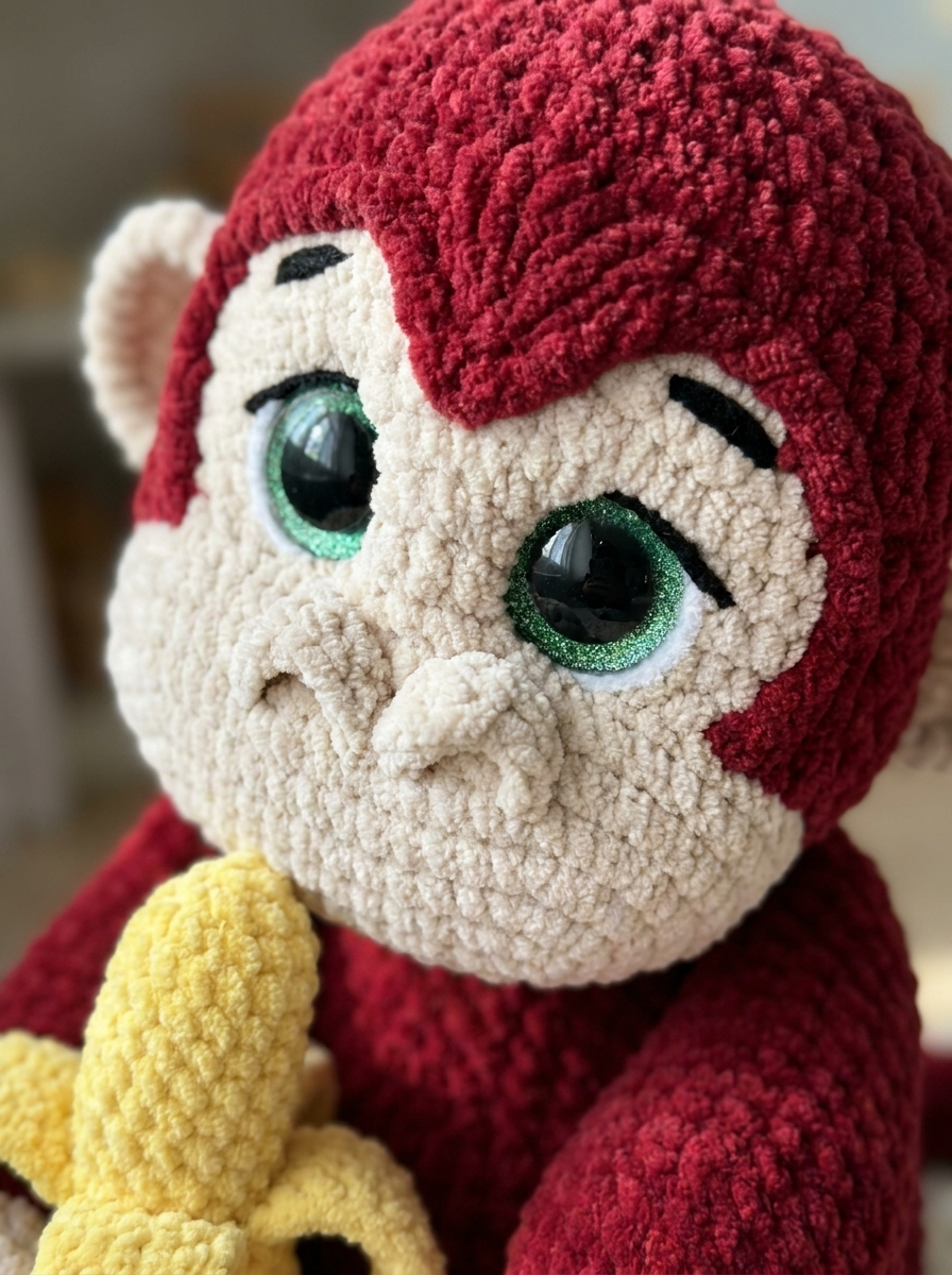 Evening Primrose Crochet Amigurumi Monkey Pattern - close-up of sparkling eyes and velvet stitch texture