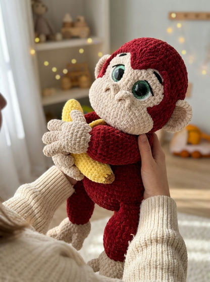 Evening Primrose Crochet Amigurumi Monkey Pattern - hands hugging the plush crochet monkey