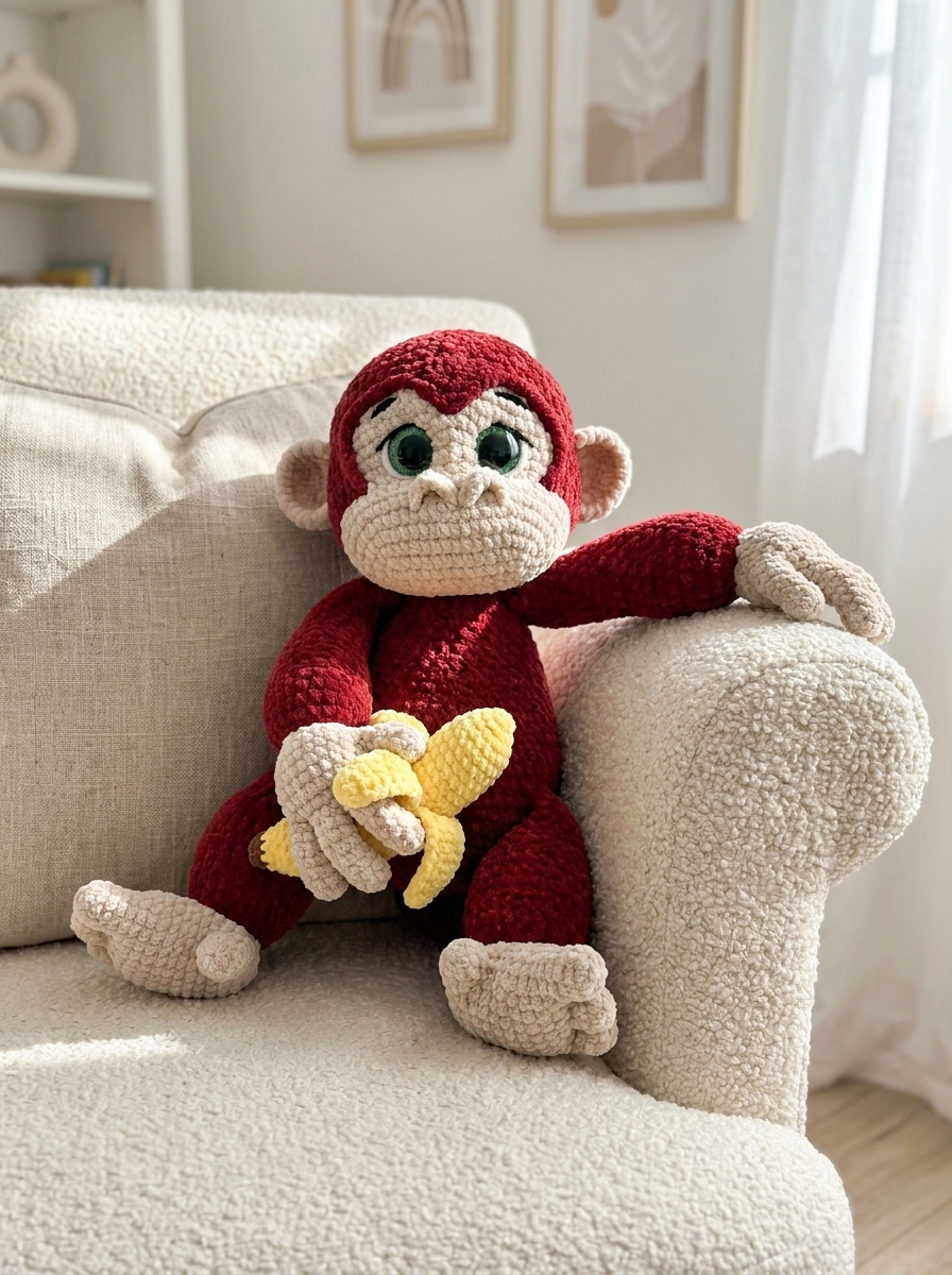 Evening Primrose Crochet Amigurumi Monkey Pattern - monkey lounging on a boucle armchair