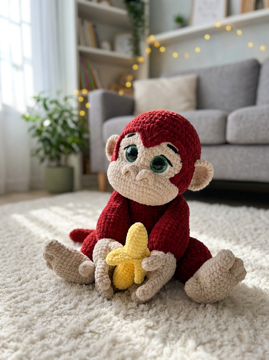 Evening Primrose Crochet Amigurumi Monkey Pattern - plush red crochet monkey with banana on a cream rug