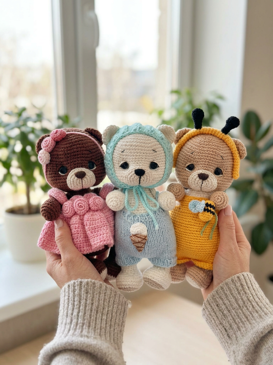 Hands holding the Silver Birch Crochet Amigurumi Bears in a bright cozy room