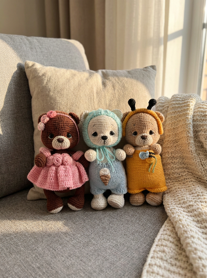 Silver Birch Crochet Amigurumi Bears lined up on a grey sofa with a knit throw
