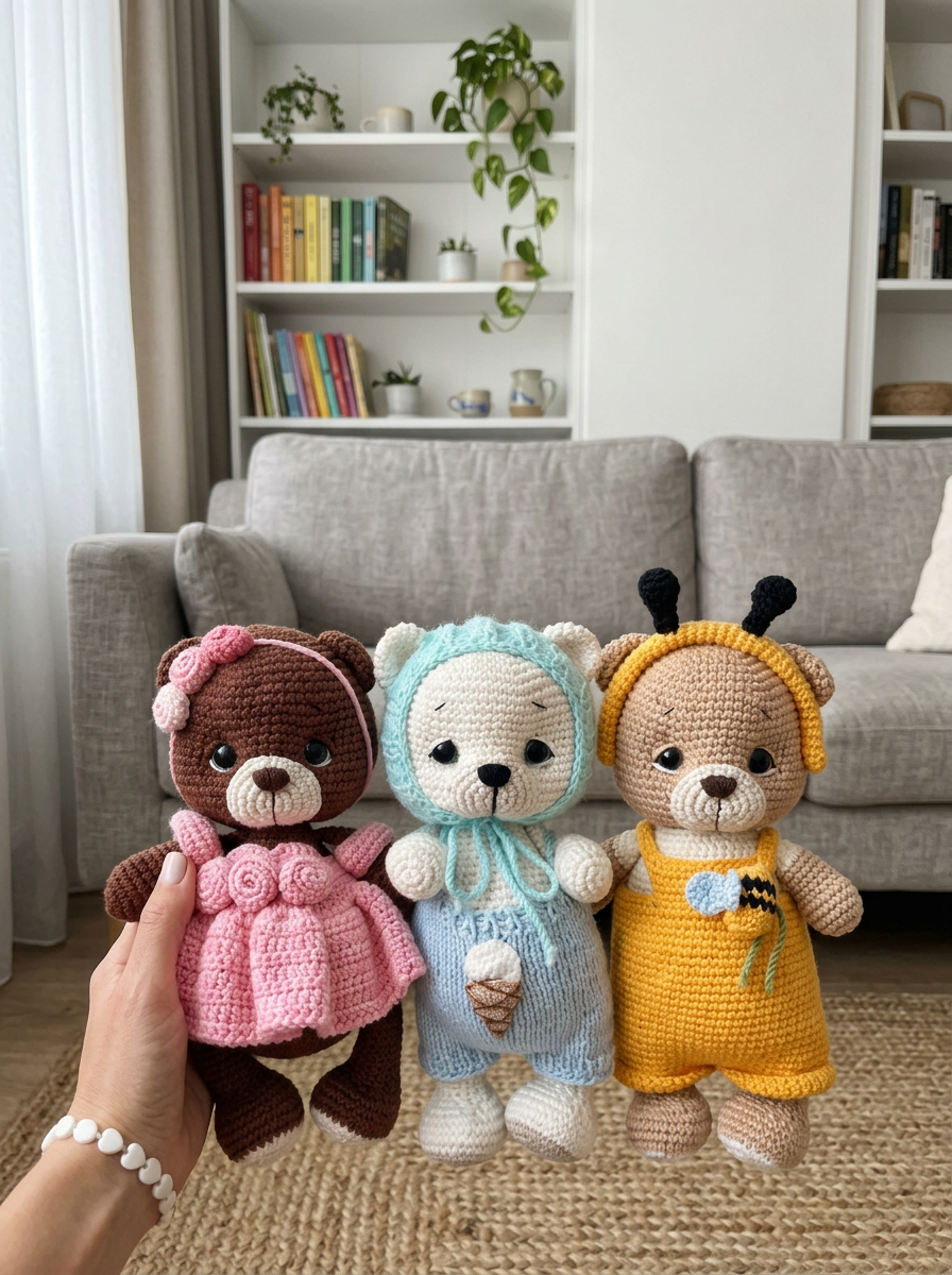 Silver Birch Crochet Amigurumi Bear trio in dress, bonnet and bee costume styled in a cozy living room