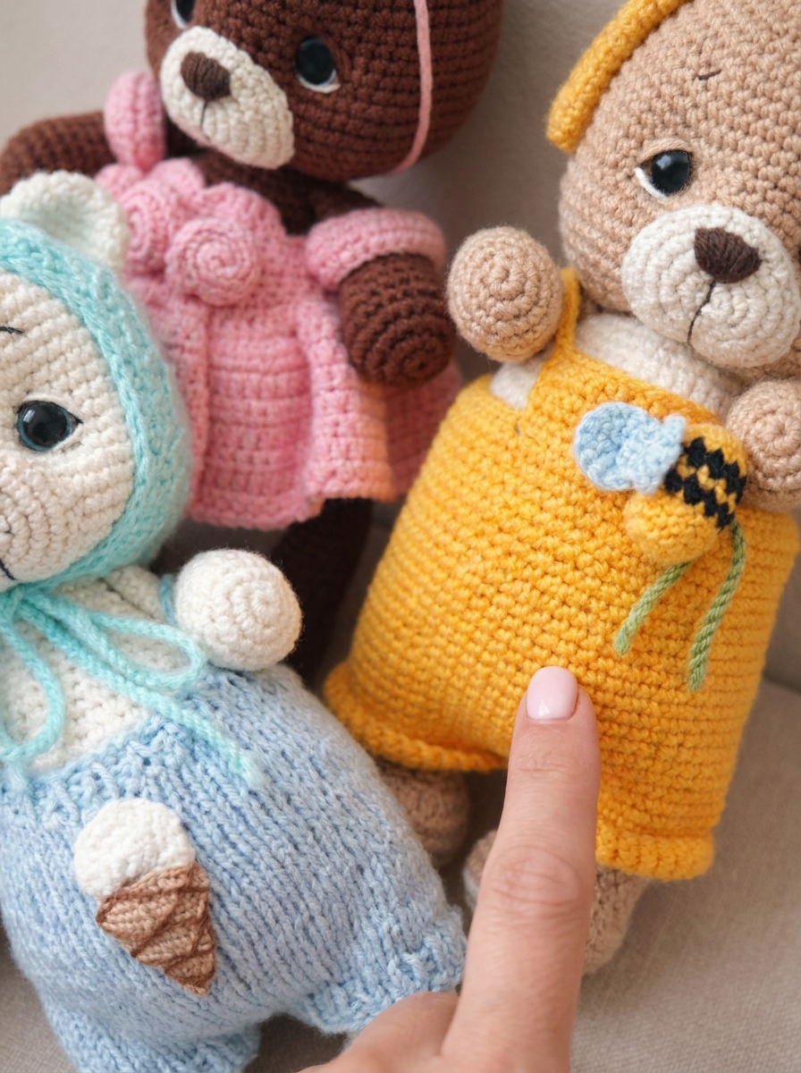 Close-up of the Silver Birch Crochet Amigurumi Bear outfits and stitch texture