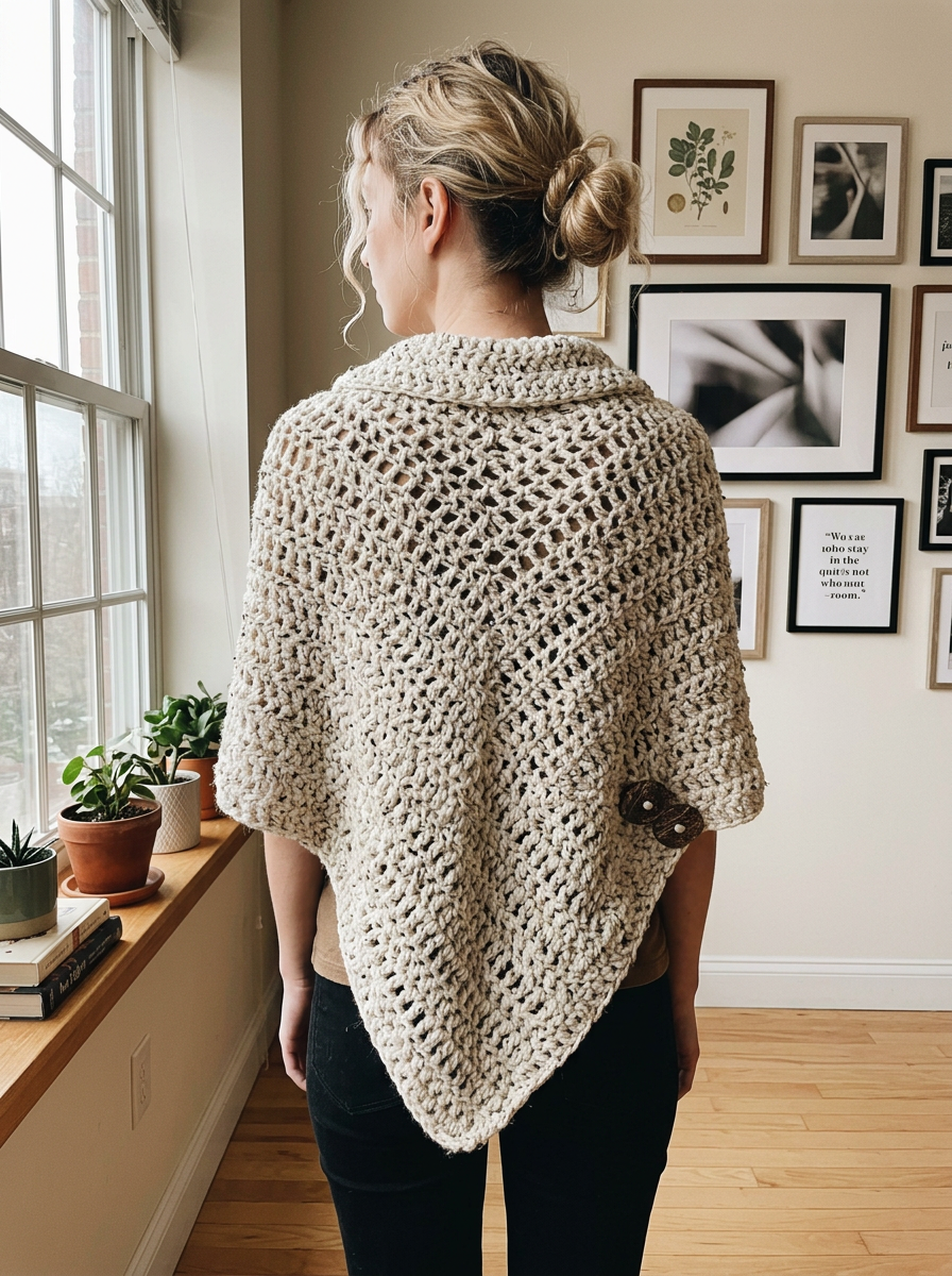 Moss Garden Crochet Poncho Pattern - back view showing the open lattice stitch drape