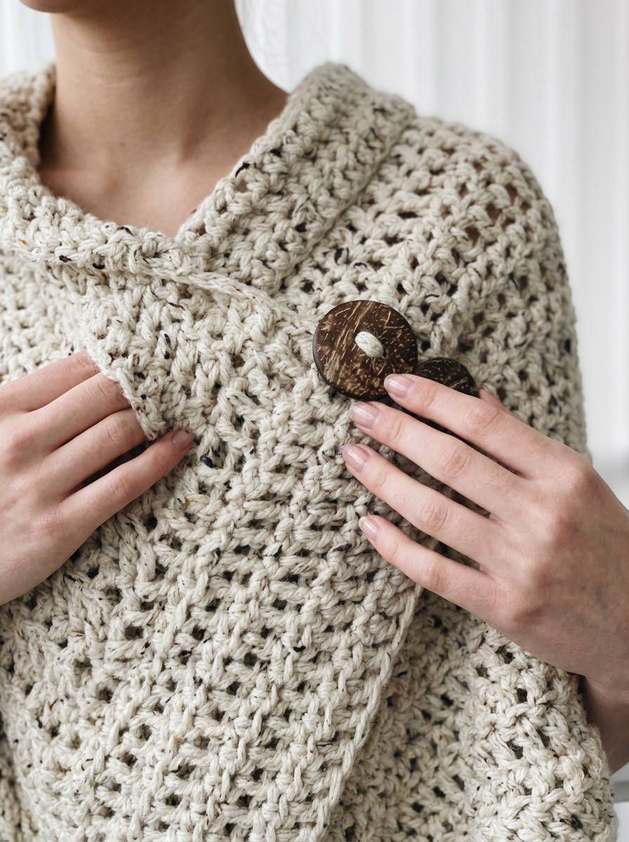 Moss Garden Crochet Poncho Pattern - close-up of the crochet stitch texture and wooden buttons