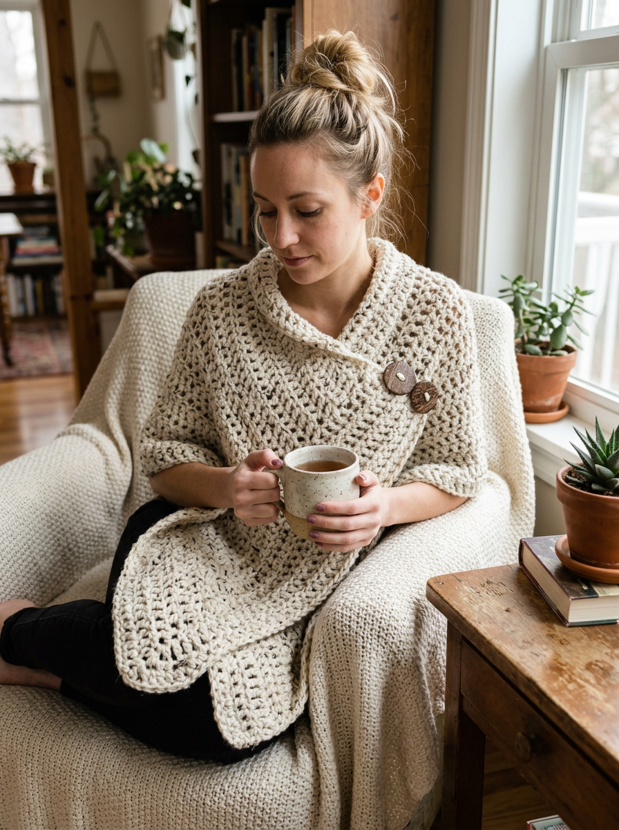 Moss Garden Crochet Poncho Pattern - seated cozy lifestyle shot with a warm mug of tea