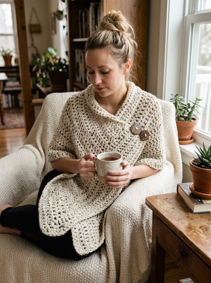 Moss Garden Crochet Poncho Pattern - seated cozy lifestyle shot with a warm mug of tea