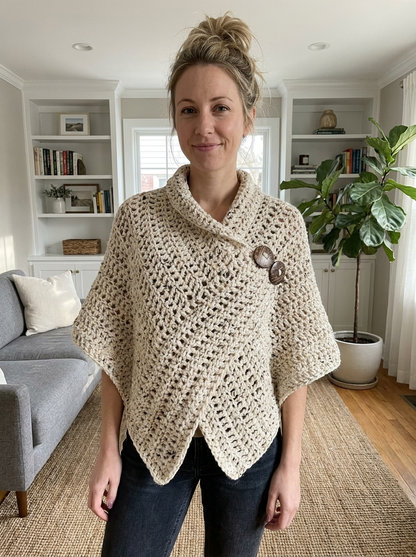 Moss Garden Crochet Poncho Pattern - front view of cream flecked crochet poncho worn in a cozy living room