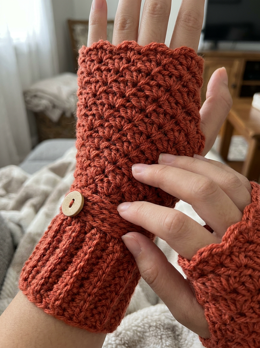 Azure Coast Crochet Fingerless Gloves Pattern - close-up of the shell stitch texture and wooden button detail