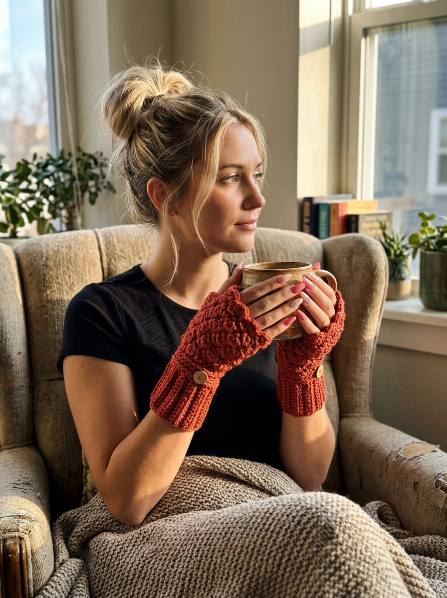 Azure Coast Crochet Fingerless Gloves Pattern - woman seated by a window holding a mug wearing the crochet wrist warmers