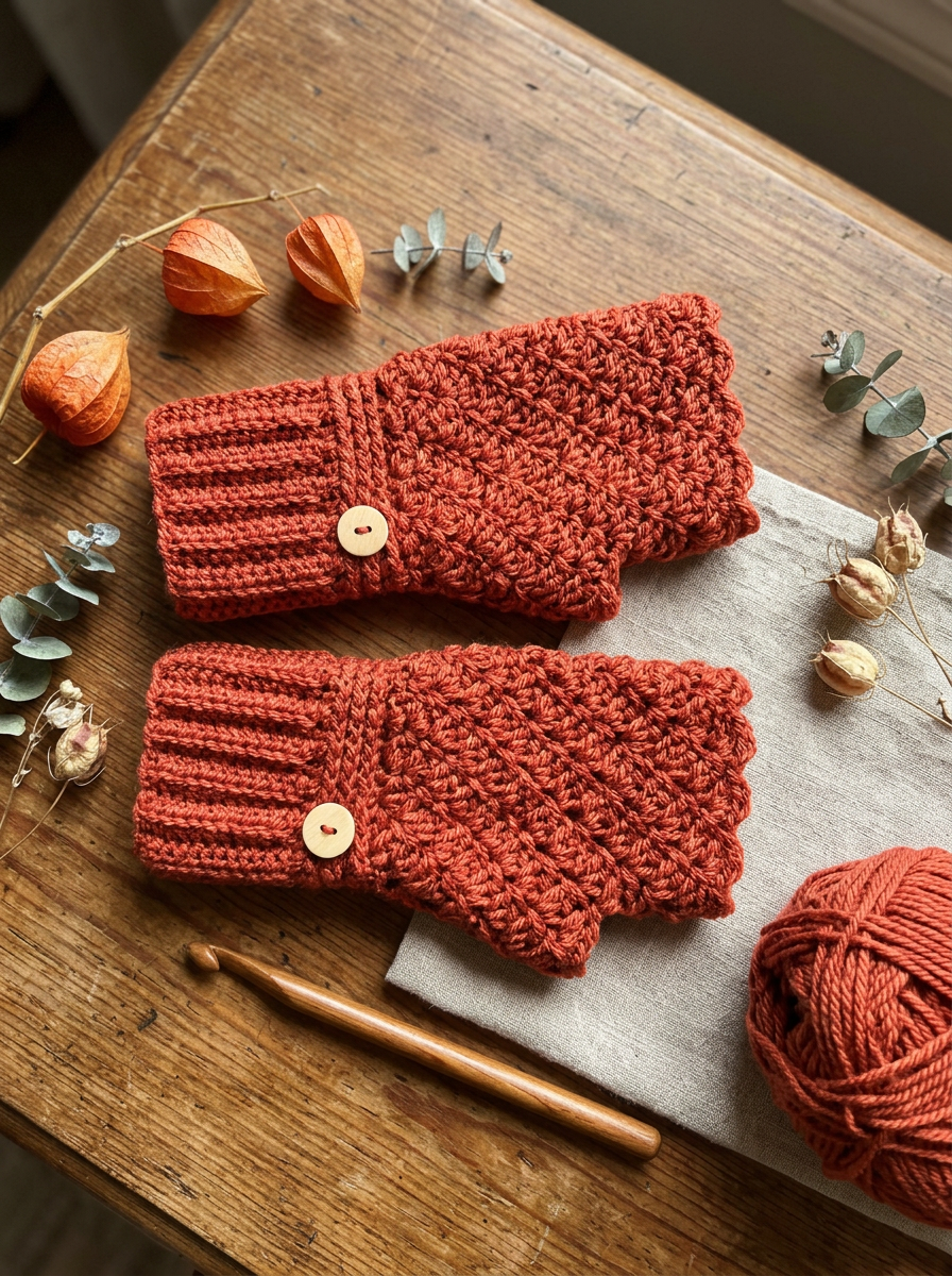 Azure Coast Crochet Fingerless Gloves Pattern - styled flat lay of the terracotta gloves with dried flowers and yarn