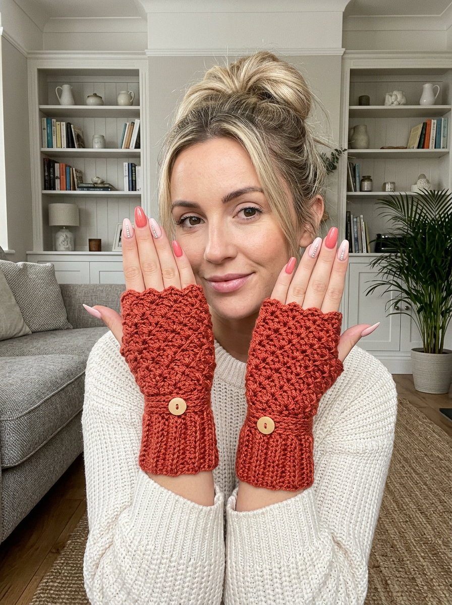 Azure Coast Crochet Fingerless Gloves Pattern - terracotta wrist warmers worn front view in a cozy living room