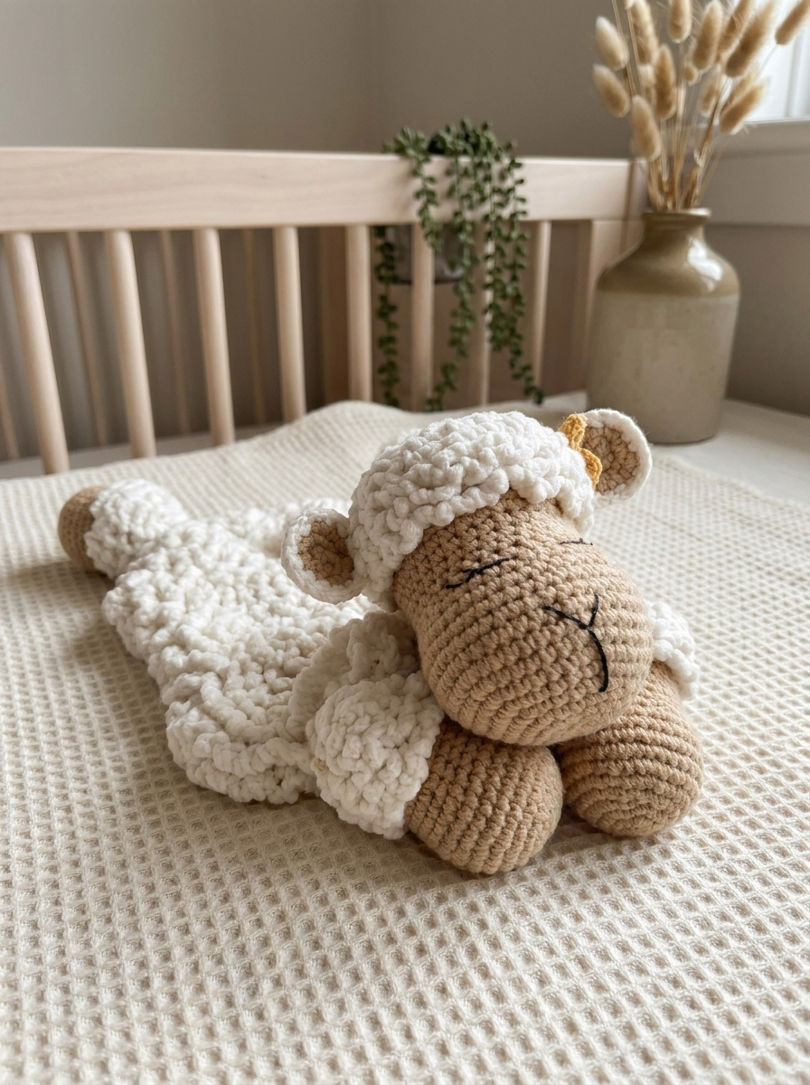 Jade Ripple Crochet Sheep Comforter Blanket Pattern - cream and tan crochet sheep lovey styled in a calm neutral nursery