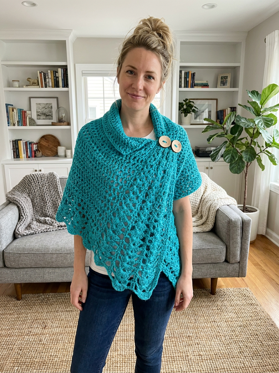 Rain Lily Crochet Poncho Pattern - turquoise lacy crochet poncho worn front view in a cozy living room