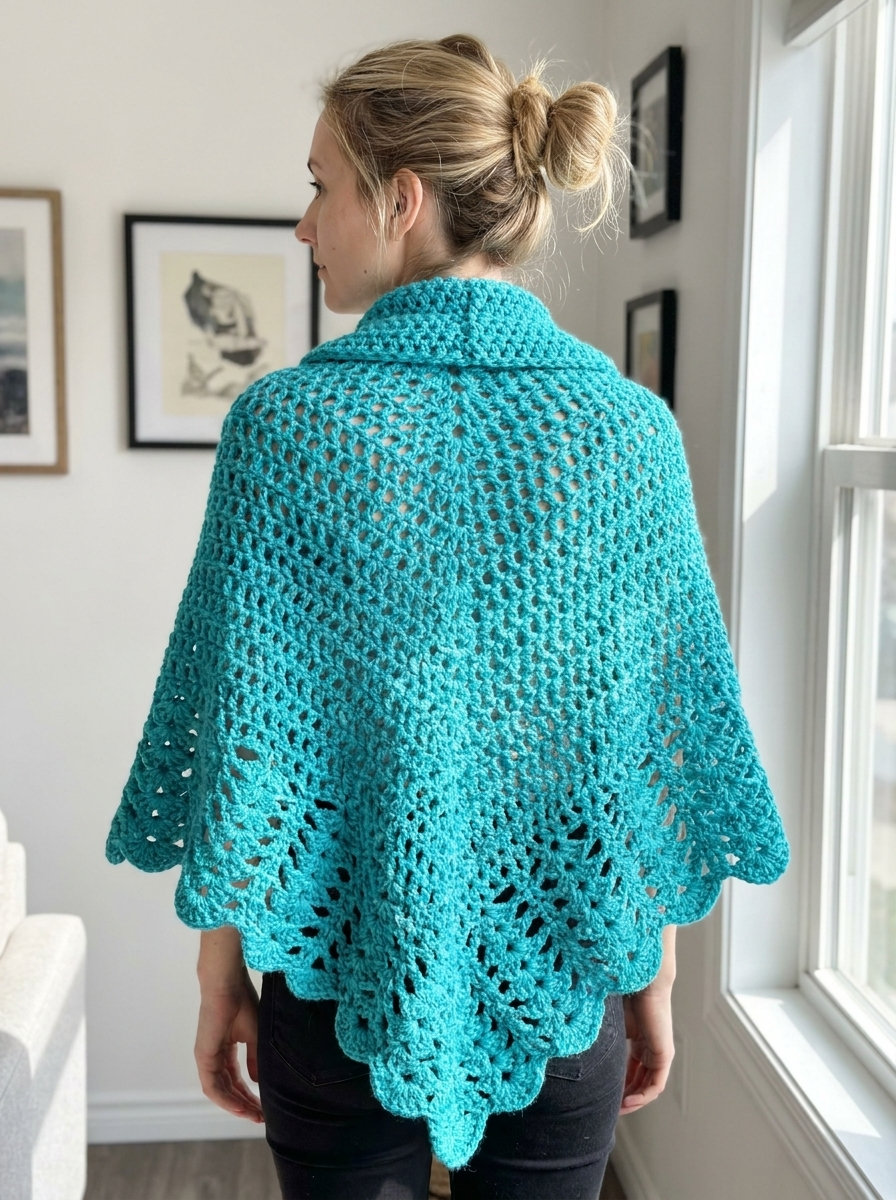 Rain Lily Crochet Poncho Pattern - back view showing the openwork drape and scalloped lace border