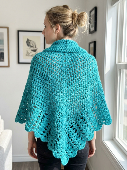 Rain Lily Crochet Poncho Pattern - back view showing the openwork drape and scalloped lace border