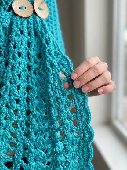 Rain Lily Crochet Poncho Pattern - close-up of the turquoise openwork stitch texture