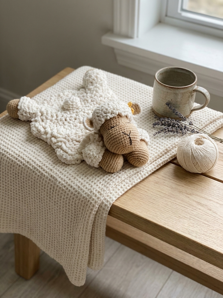 Jade Ripple Crochet Sheep Comforter Blanket Pattern - styled still life with the crochet sheep comforter on a wooden bench