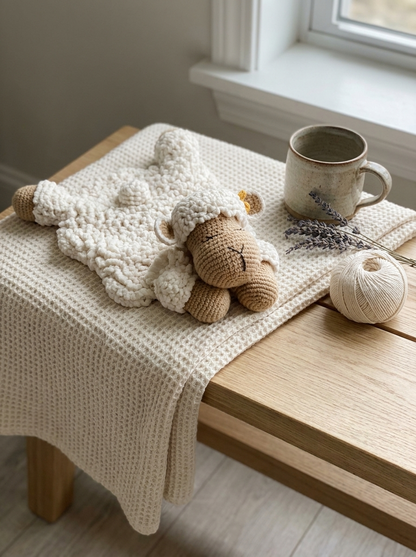 Jade Ripple Crochet Sheep Comforter Blanket Pattern - styled still life with the crochet sheep comforter on a wooden bench