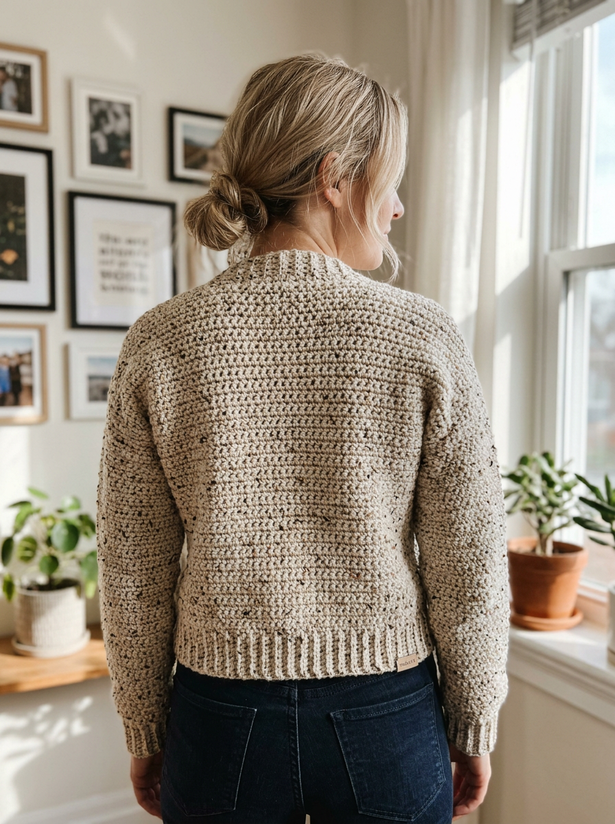 Velvet Moss Crochet Cardigan Pattern - back view of the cream tweed crochet cardigan