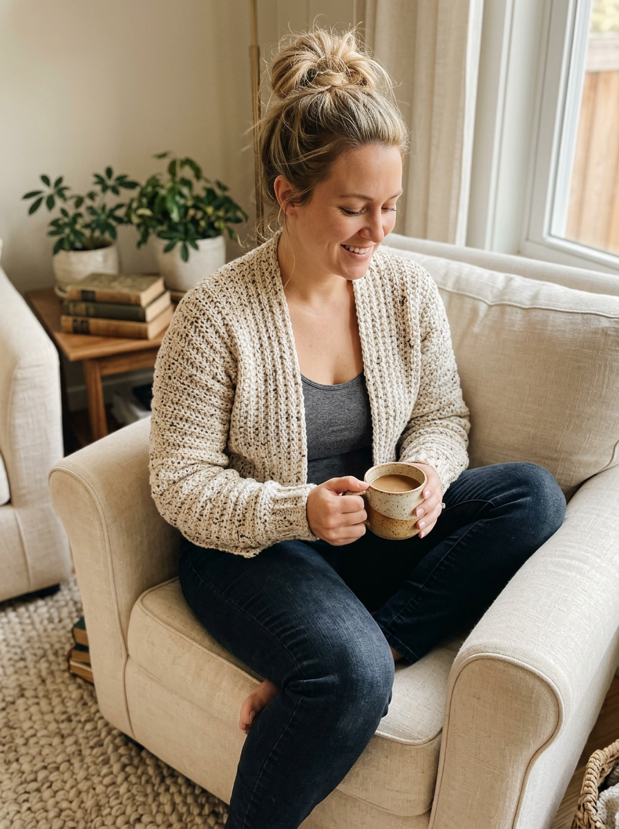 Velvet Moss Crochet Cardigan Pattern - seated cozy shot holding a mug of coffee