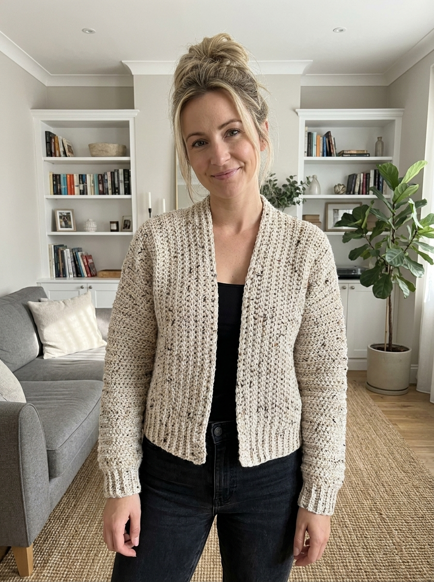 Velvet Moss Crochet Cardigan Pattern - woman wearing the cream tweed crochet cardigan, front view in a cozy living room