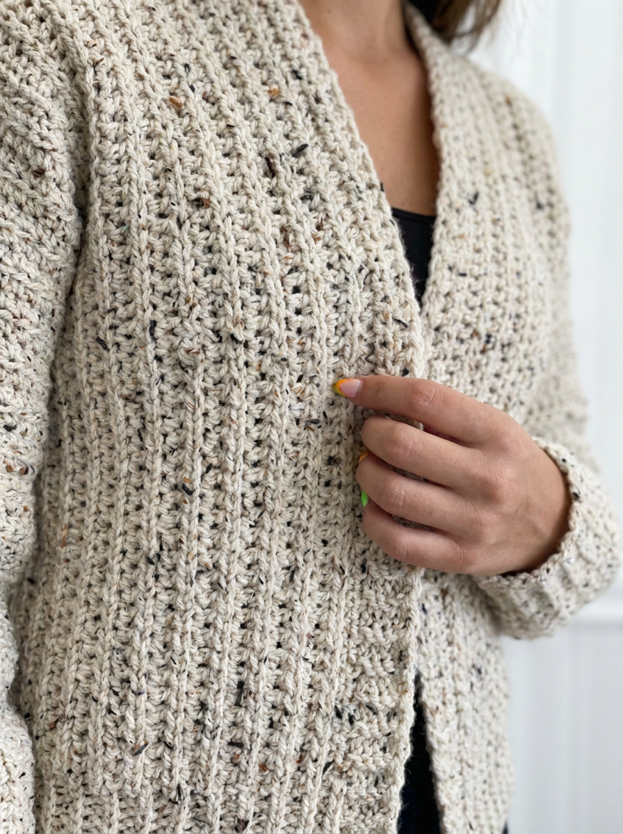 Velvet Moss Crochet Cardigan Pattern - close-up of the flecked tweed stitch texture and ribbed front band