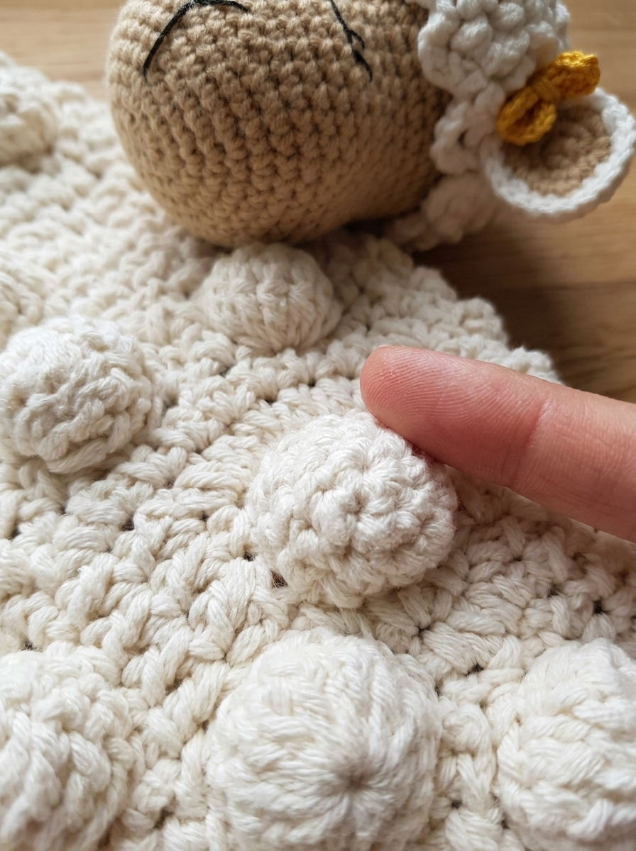 Jade Ripple Crochet Sheep Comforter Blanket Pattern - close-up of the cream bobble stitch crochet texture