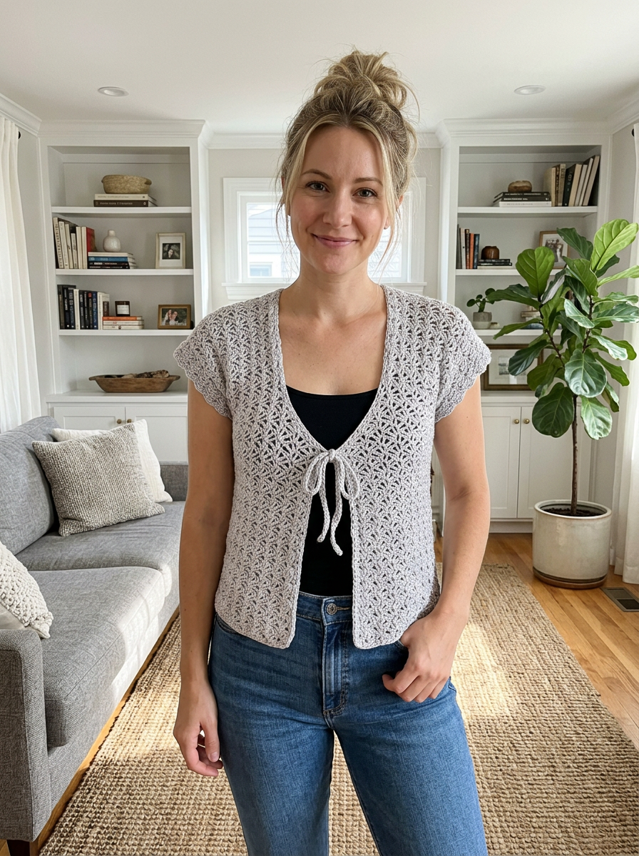 Zephyr Coast Crochet Cardigan Pattern - woman wearing the pale grey lace crochet cardigan, front view