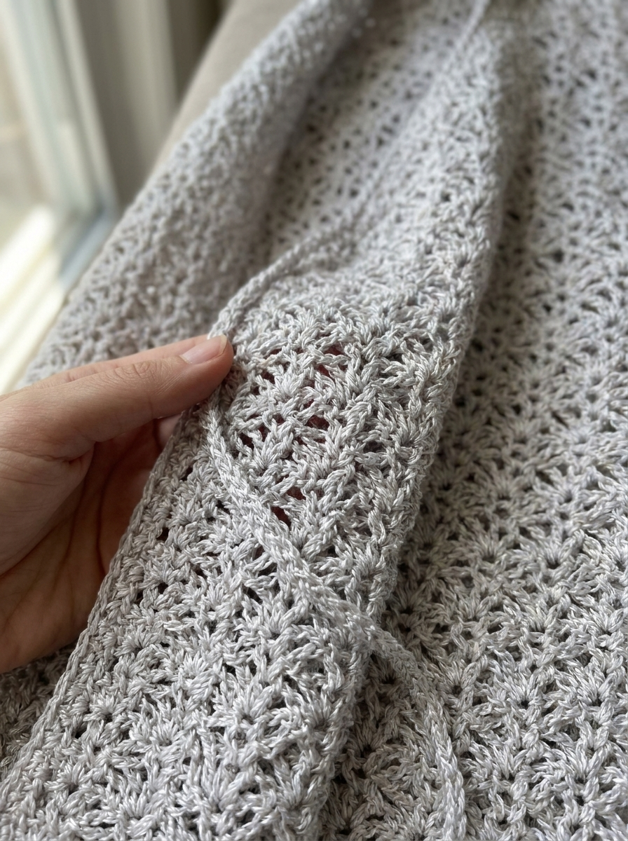 Zephyr Coast Crochet Cardigan Pattern - close-up of the open lace shell stitch texture and cord tie