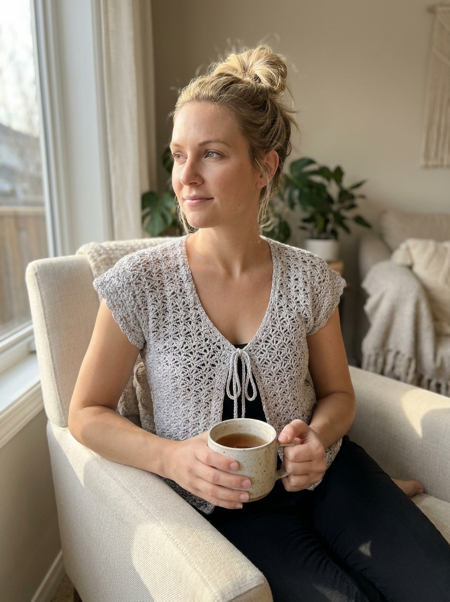 Zephyr Coast Crochet Cardigan Pattern - seated cozy shot in the lace crochet cardigan with a mug of tea