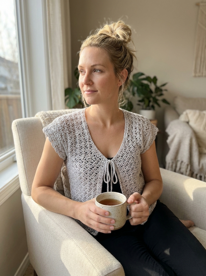 Zephyr Coast Crochet Cardigan Pattern - seated cozy shot in the lace crochet cardigan with a mug of tea