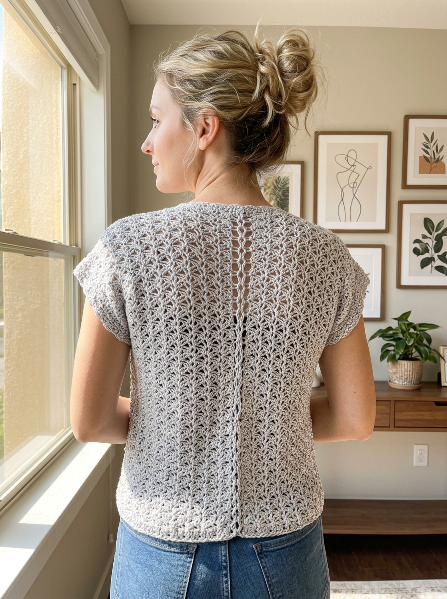 Zephyr Coast Crochet Cardigan Pattern - back view of the pale grey lace crochet cardigan