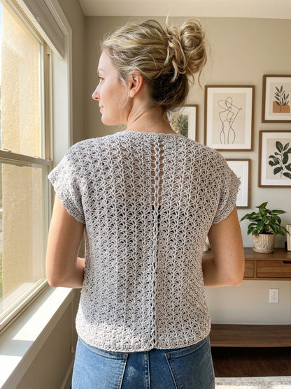 Zephyr Coast Crochet Cardigan Pattern - back view of the pale grey lace crochet cardigan