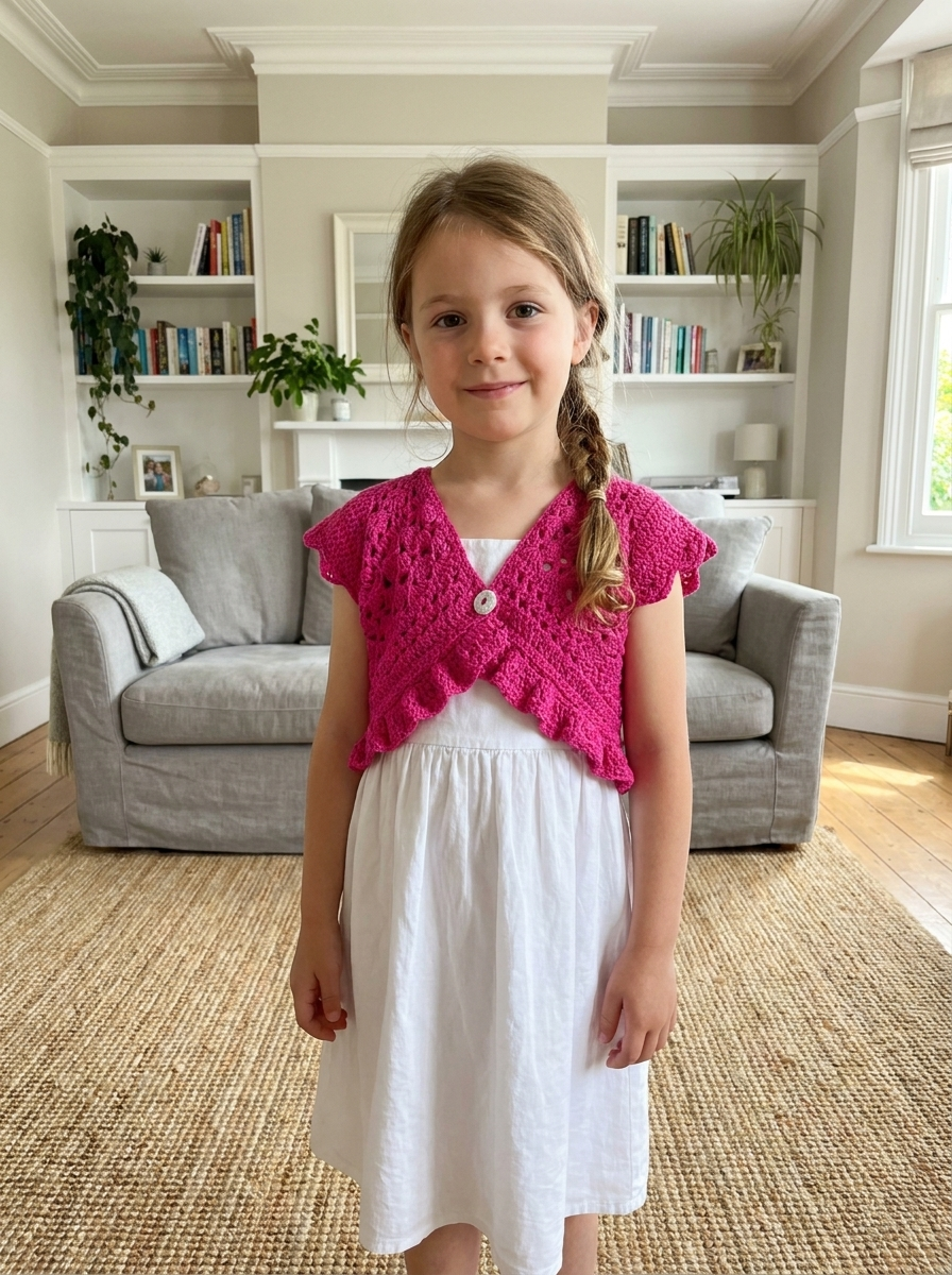 Aspen Gold Crochet Cardigan Pattern - girl wearing the fuchsia crochet shrug bolero, front view