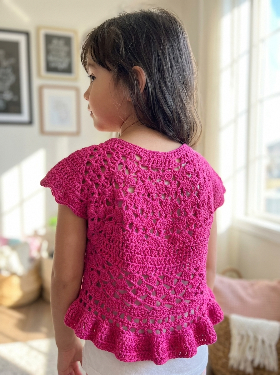 Aspen Gold Crochet Cardigan Pattern - back view of the circular lace yoke and ruffled hem
