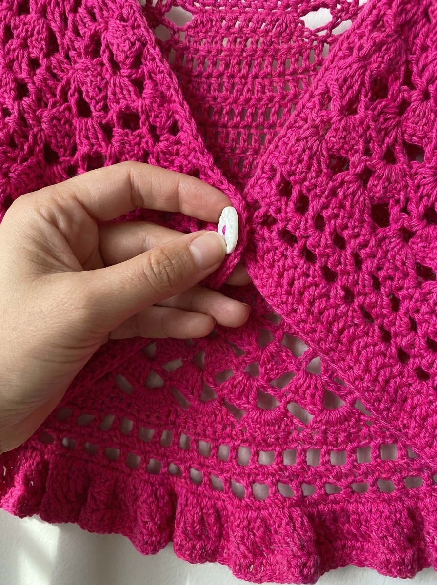 Aspen Gold Crochet Cardigan Pattern - close-up of the lace shell stitch texture and button detail