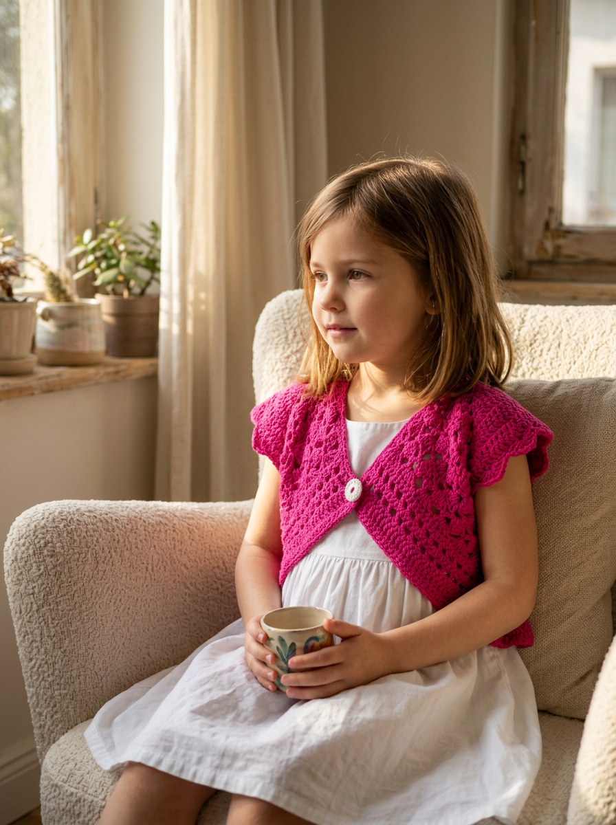 Aspen Gold Crochet Cardigan Pattern - seated cozy shot of the girls crochet shrug by a sunny window
