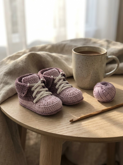 River Reed Crochet Baby Booties Pattern - lilac and plum crochet baby booties on a wooden table with cotton yarn and a crochet hook