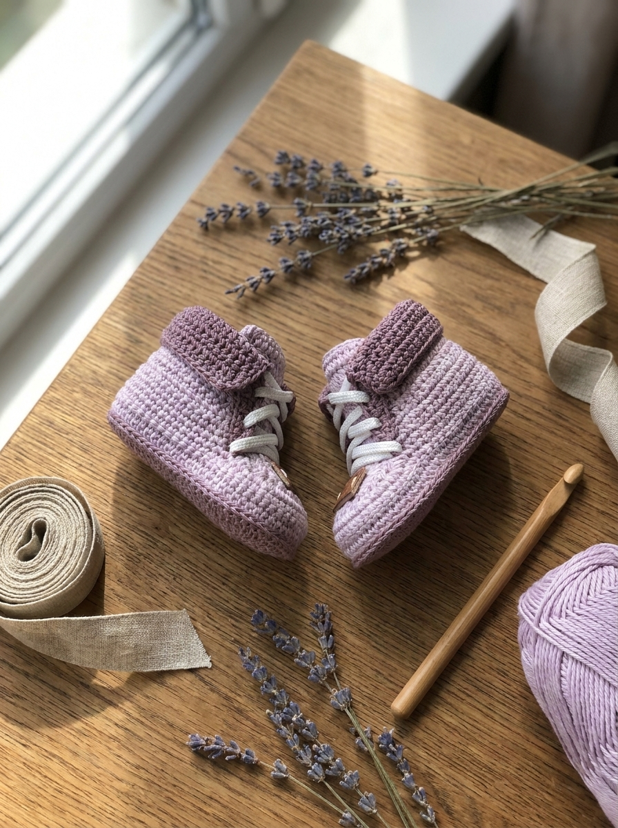 River Reed Crochet Baby Booties Pattern - styled flat lay of the crochet baby booties with dried lavender and linen ribbon