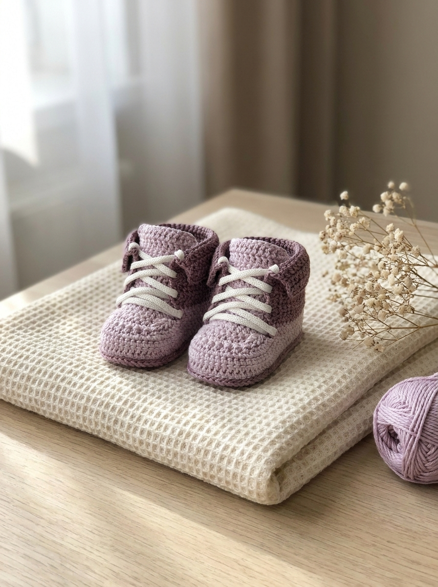 River Reed Crochet Baby Booties Pattern - pair of two-tone lilac crochet baby booties styled on an ivory waffle blanket