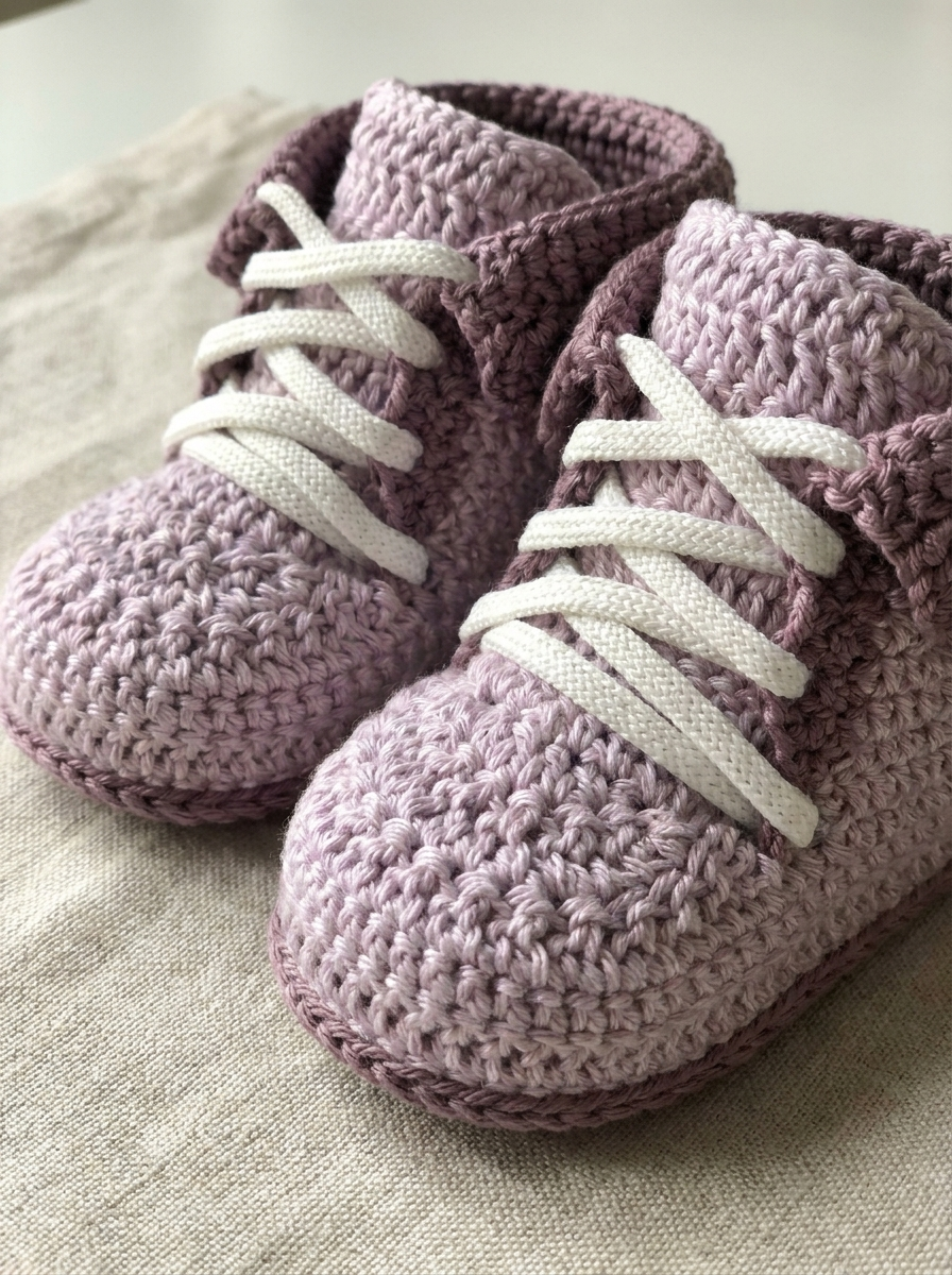 River Reed Crochet Baby Booties Pattern - close-up detail of the fine cotton crochet stitches and contrast plum cuff