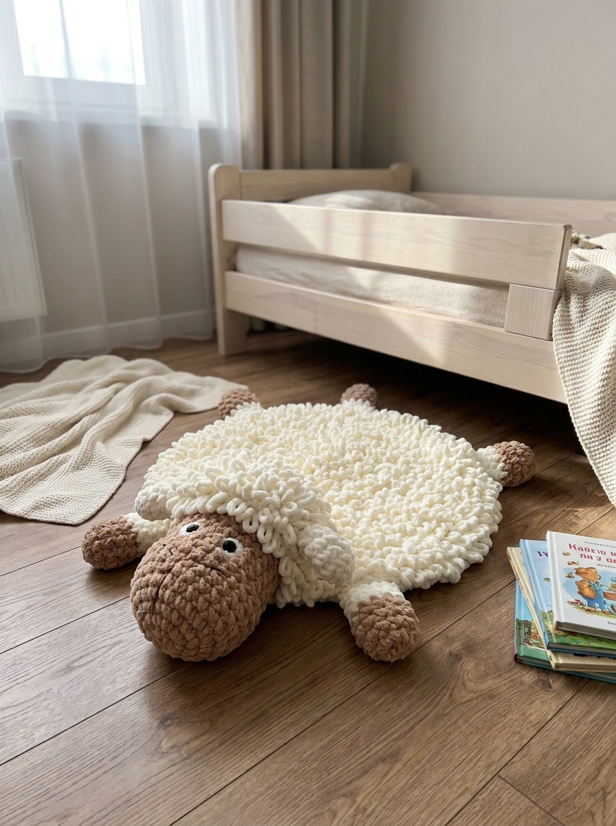 Tawny Owl Crochet Sheep Rug Pattern - crochet sheep rug beside a low wooden bed in a soft neutral room