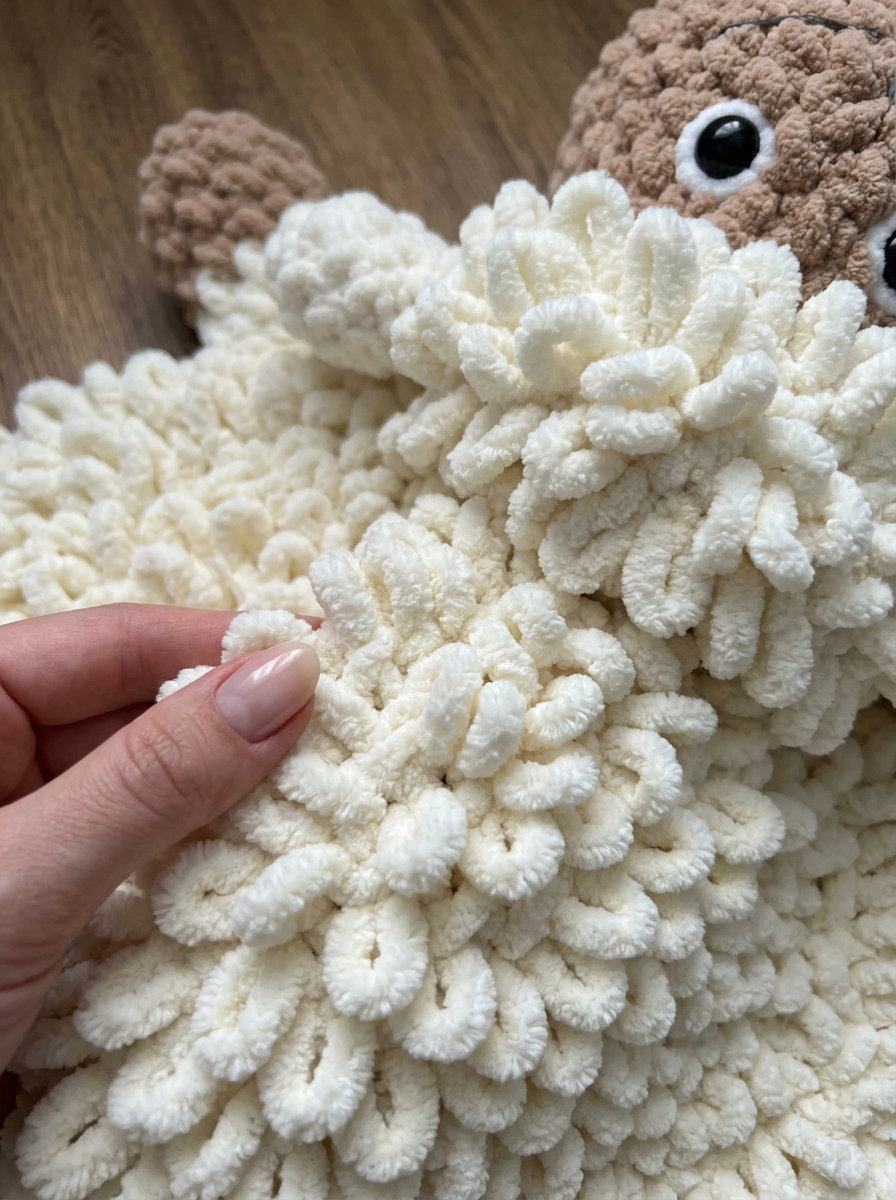 Tawny Owl Crochet Sheep Rug Pattern - close-up of the plush ivory loop stitch chenille texture