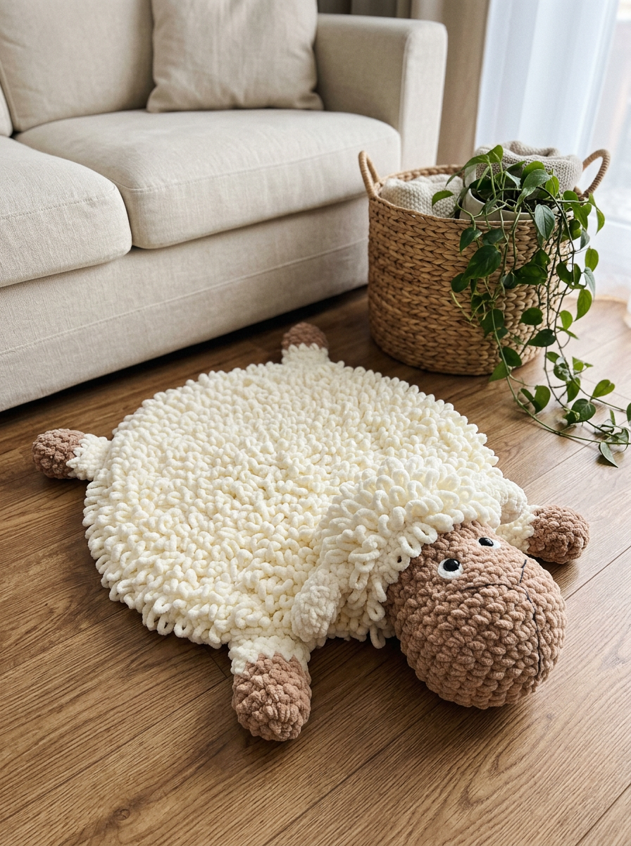 Tawny Owl Crochet Sheep Rug Pattern - fluffy ivory and tan crochet sheep rug styled on an oak floor in a bright neutral room