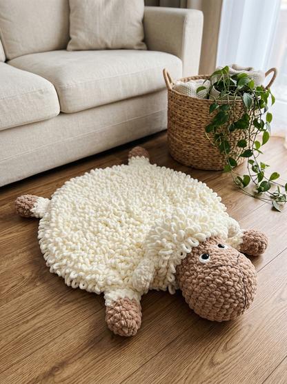 Tawny Owl Crochet Sheep Rug Pattern - fluffy ivory and tan crochet sheep rug styled on an oak floor in a bright neutral room